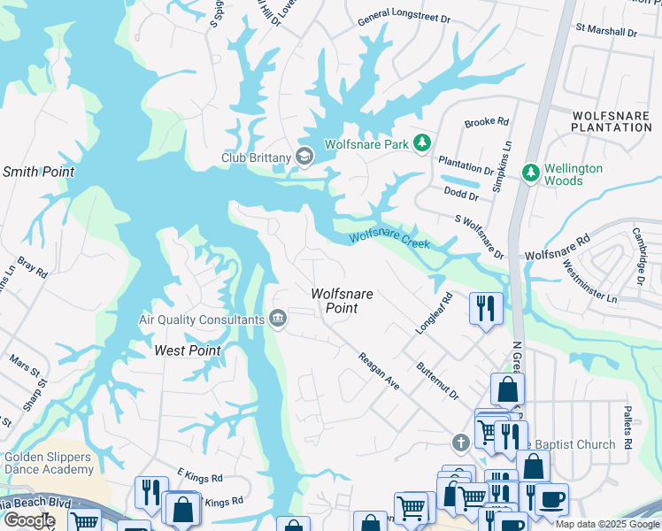 map of restaurants, bars, coffee shops, grocery stores, and more near 307 Windship Cove in Virginia Beach