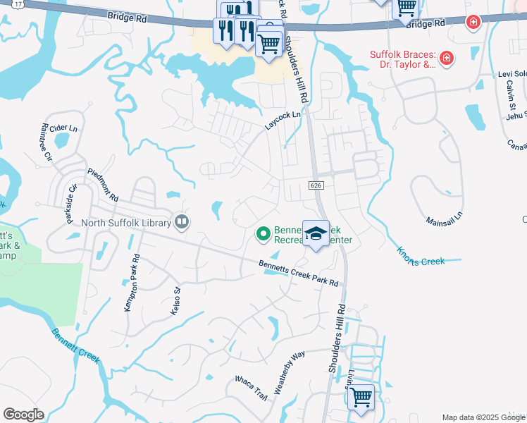 map of restaurants, bars, coffee shops, grocery stores, and more near 4023 Abercorn Drive in Suffolk