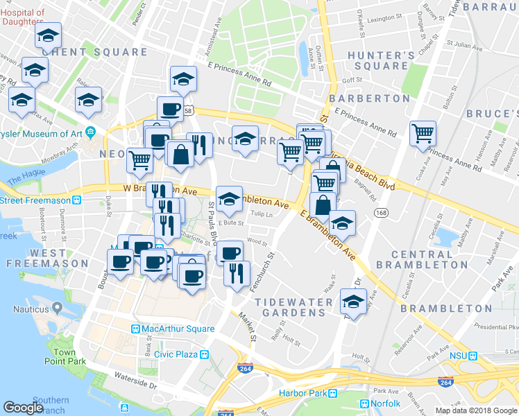 map of restaurants, bars, coffee shops, grocery stores, and more near 549 E Brambleton Ave in Norfolk