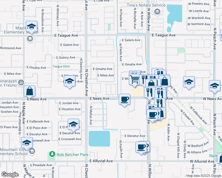 map of restaurants, bars, coffee shops, grocery stores, and more near 2670 East Nees Avenue in Fresno
