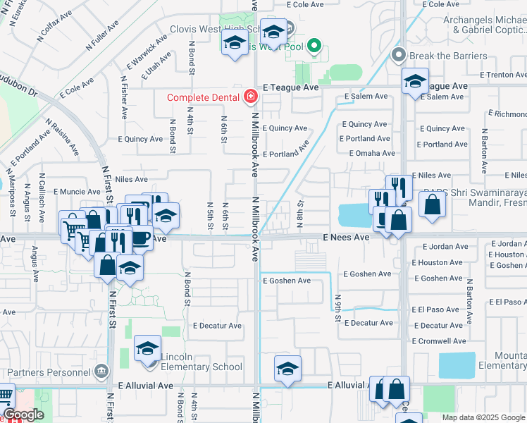 map of restaurants, bars, coffee shops, grocery stores, and more near 995 East Muncie Avenue in Fresno