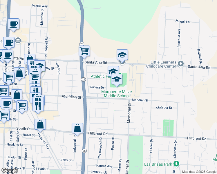 map of restaurants, bars, coffee shops, grocery stores, and more near 100 Koch Drive in Hollister