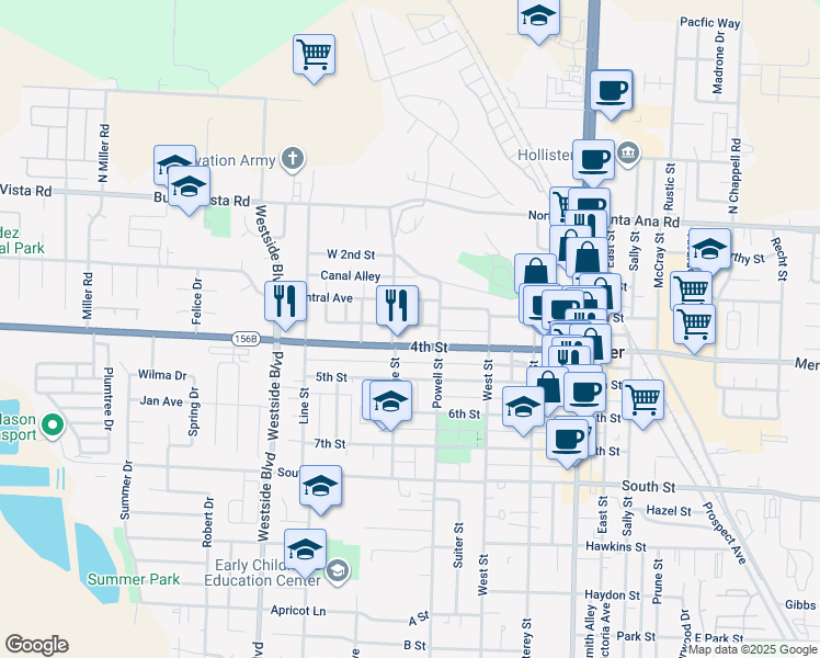 map of restaurants, bars, coffee shops, grocery stores, and more near 340 Park Alley in Hollister