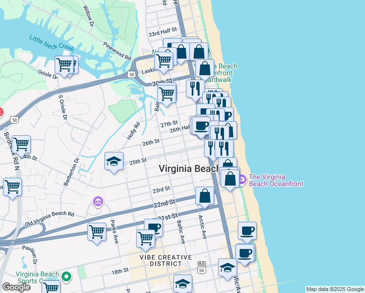 map of restaurants, bars, coffee shops, grocery stores, and more near 2505 Arctic Avenue in Virginia Beach