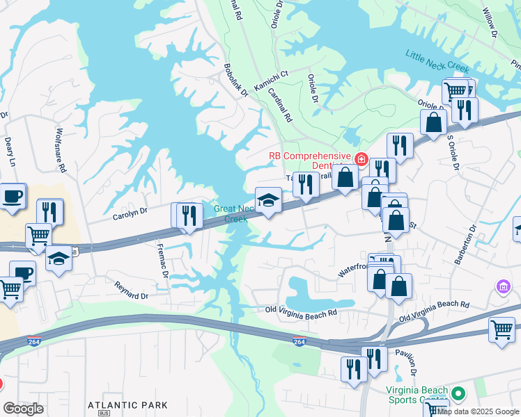 map of restaurants, bars, coffee shops, grocery stores, and more near 1280 U.S. 58 in Virginia Beach