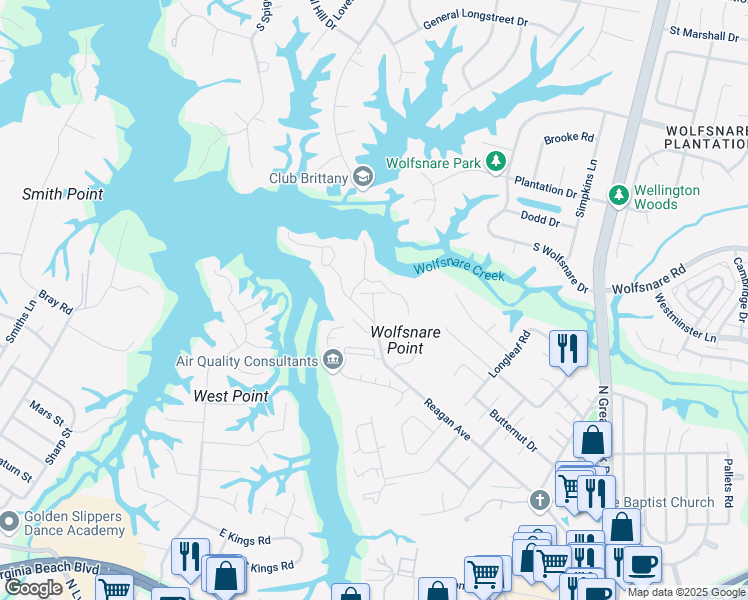map of restaurants, bars, coffee shops, grocery stores, and more near 314 Windship Cove in Virginia Beach