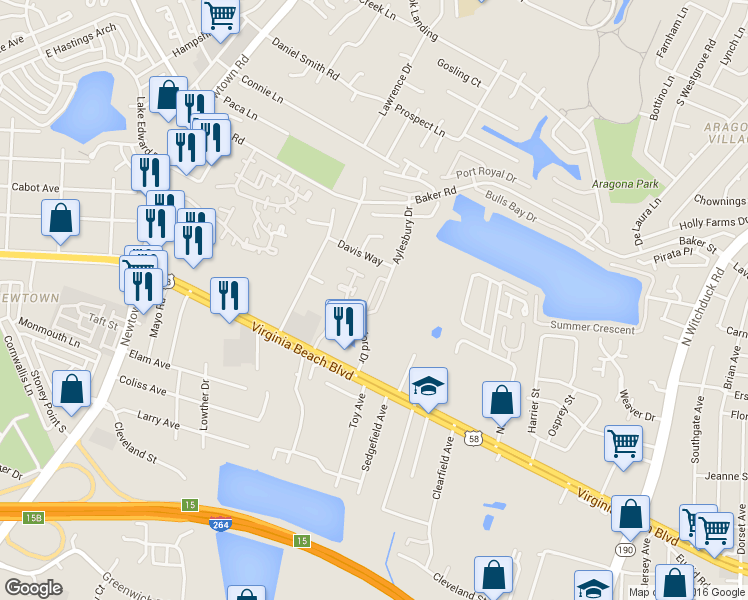 map of restaurants, bars, coffee shops, grocery stores, and more near 320 Wexford Drive in Virginia Beach
