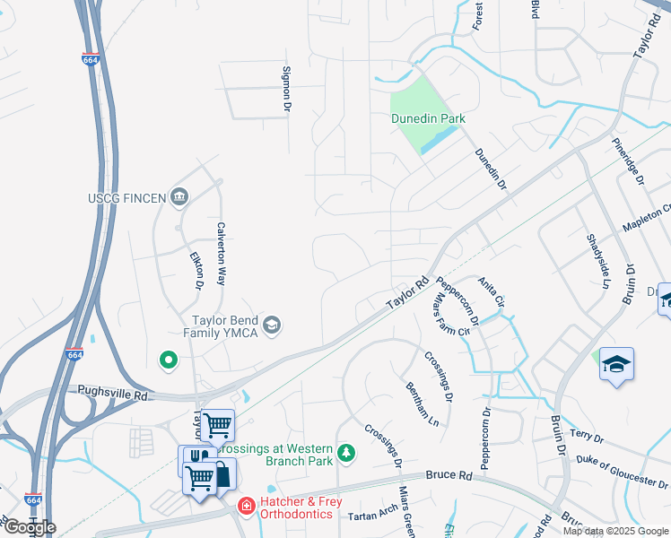 map of restaurants, bars, coffee shops, grocery stores, and more near 3551 Clover Meadow Drive in Chesapeake