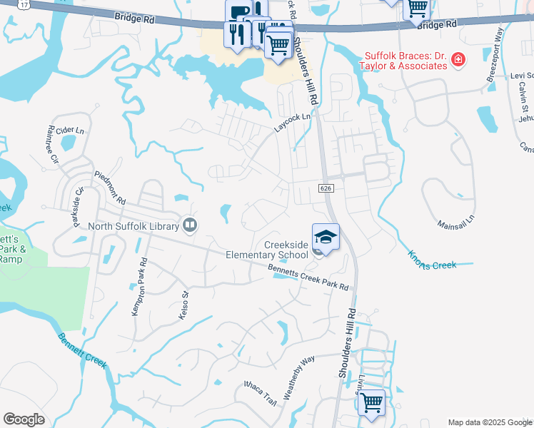 map of restaurants, bars, coffee shops, grocery stores, and more near 5019 Breleigh Lane in Suffolk