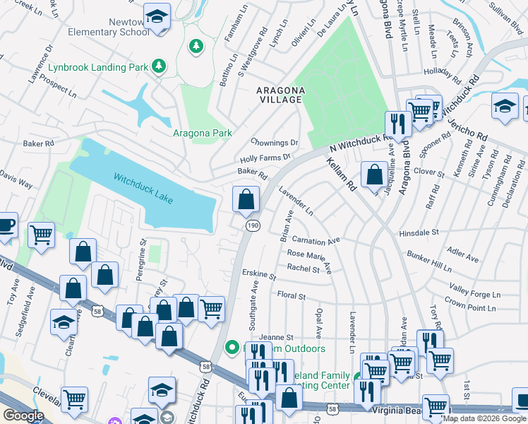 map of restaurants, bars, coffee shops, grocery stores, and more near 527 Virginia 190 in Virginia Beach