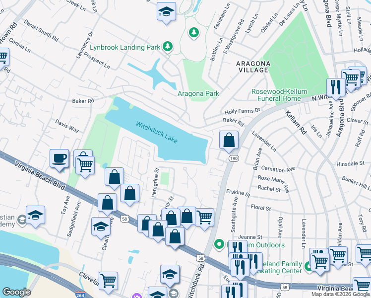map of restaurants, bars, coffee shops, grocery stores, and more near 5344 Summer Crescent in Virginia Beach