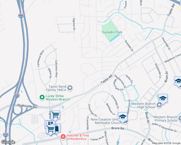 map of restaurants, bars, coffee shops, grocery stores, and more near 3426 Clover Road East in Chesapeake