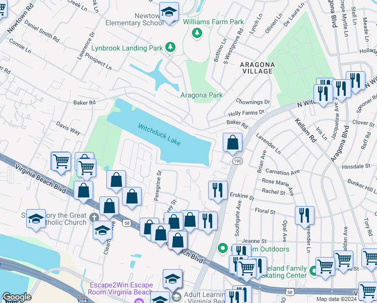 map of restaurants, bars, coffee shops, grocery stores, and more near 5440 Summer Crescent in Virginia Beach