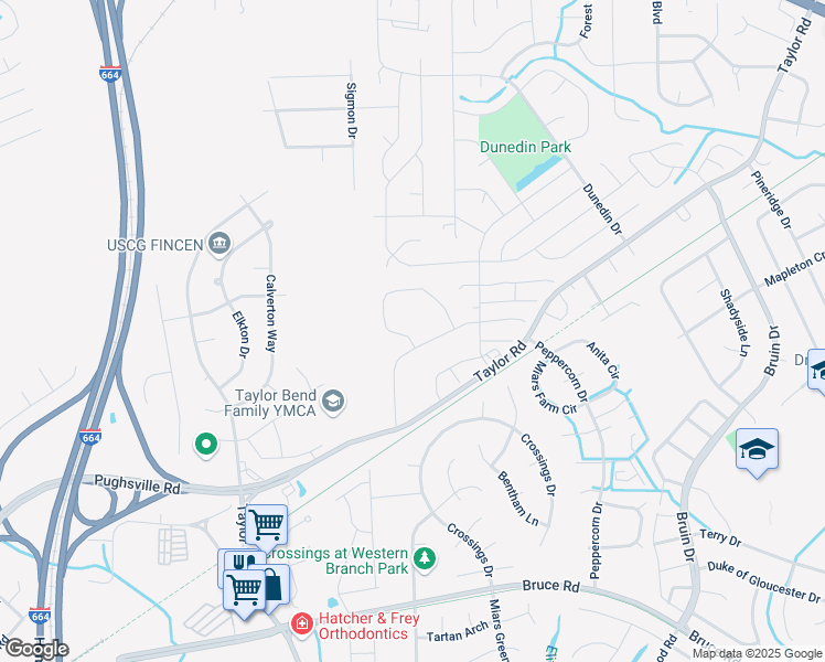map of restaurants, bars, coffee shops, grocery stores, and more near 3551 Clover Meadow Drive in Chesapeake