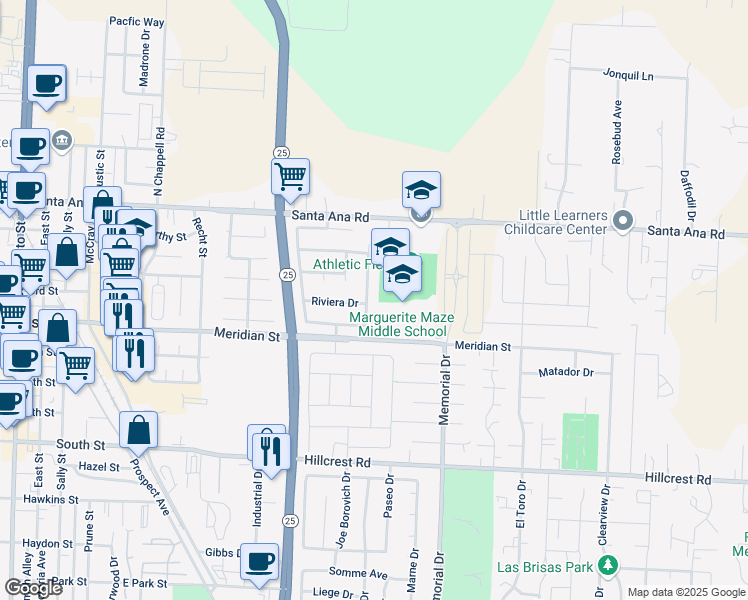 map of restaurants, bars, coffee shops, grocery stores, and more near 100 Koch Drive in Hollister