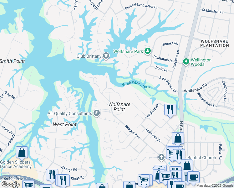 map of restaurants, bars, coffee shops, grocery stores, and more near 305 Windship Cove in Virginia Beach