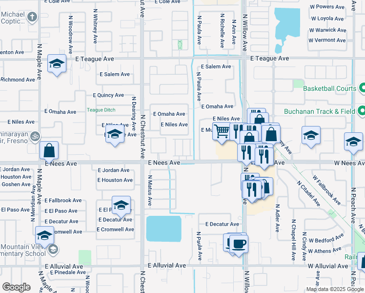 map of restaurants, bars, coffee shops, grocery stores, and more near 2670 East Nees Avenue in Fresno