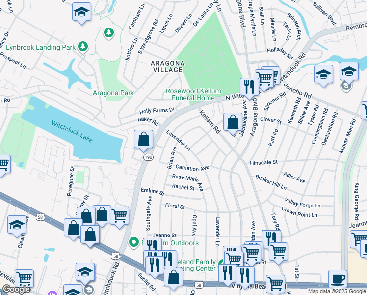 map of restaurants, bars, coffee shops, grocery stores, and more near 589 Lavender Lane in Virginia Beach