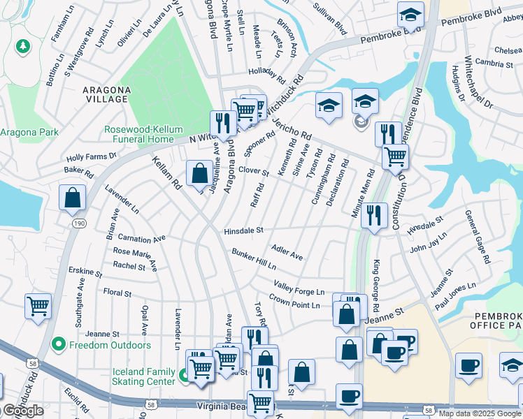 map of restaurants, bars, coffee shops, grocery stores, and more near 617 Kenneth Road in Virginia Beach