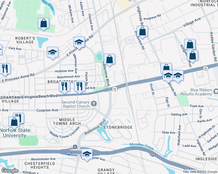map of restaurants, bars, coffee shops, grocery stores, and more near 910 Ballentine Boulevard in Norfolk