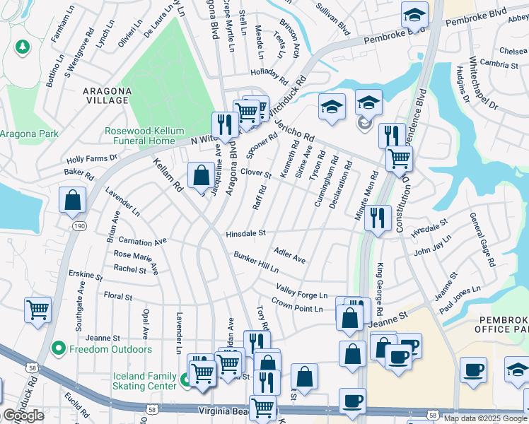 map of restaurants, bars, coffee shops, grocery stores, and more near 617 Kenneth Road in Virginia Beach