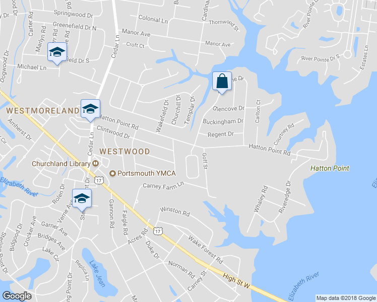 map of restaurants, bars, coffee shops, grocery stores, and more near 6 Wayland Drive in Portsmouth