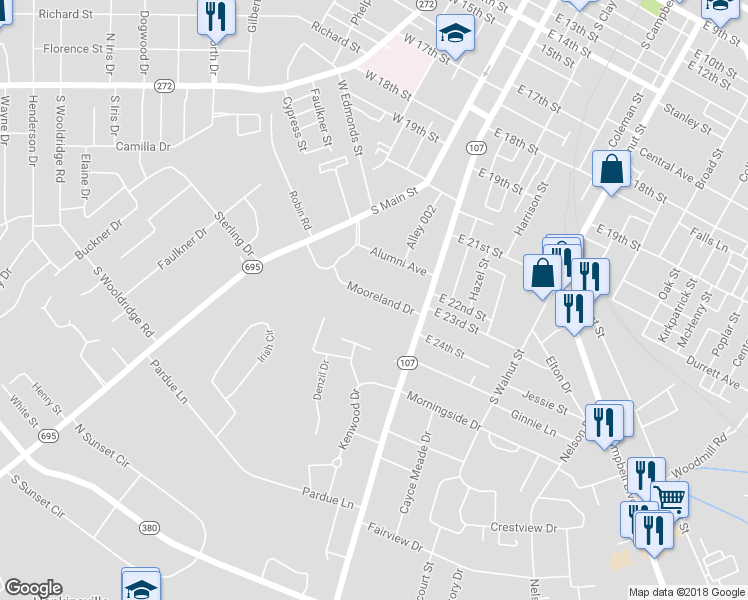 map of restaurants, bars, coffee shops, grocery stores, and more near 117 Mooreland Drive in Hopkinsville