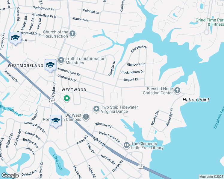 map of restaurants, bars, coffee shops, grocery stores, and more near 6 Wayland Drive in Portsmouth