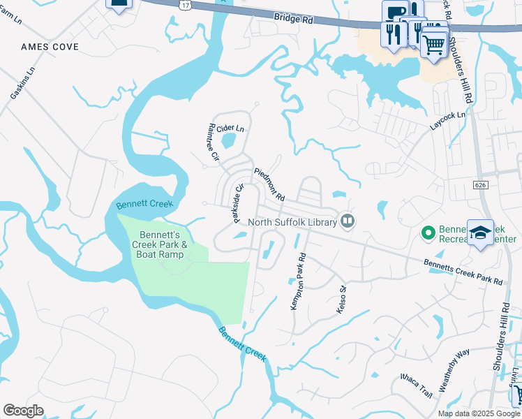 map of restaurants, bars, coffee shops, grocery stores, and more near 1475 Elderberry Road in Suffolk