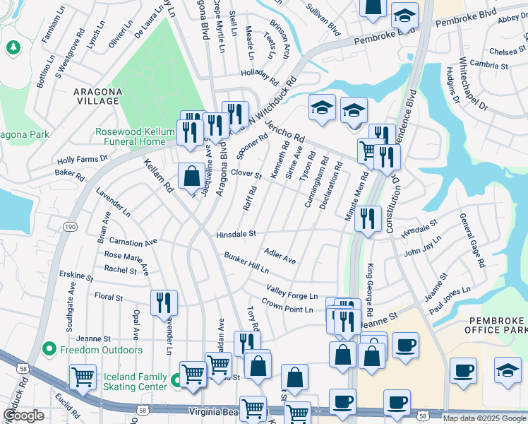 map of restaurants, bars, coffee shops, grocery stores, and more near 625 Sirine Avenue in Virginia Beach