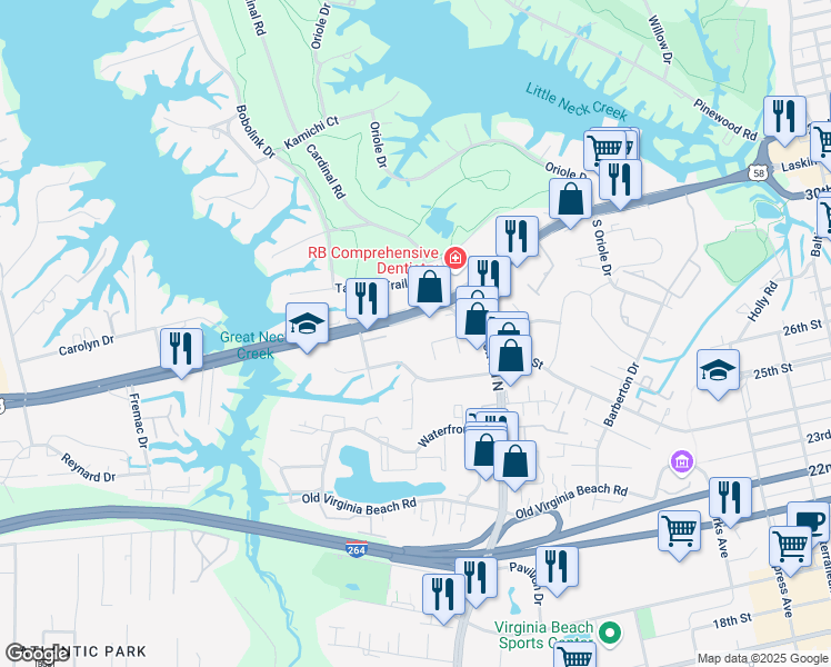 map of restaurants, bars, coffee shops, grocery stores, and more near 1209 Laskin Road in Virginia Beach
