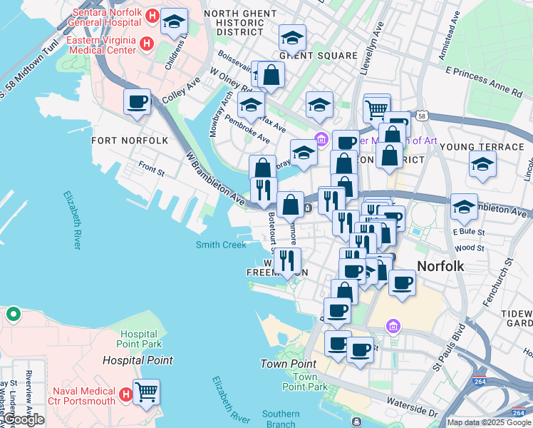 map of restaurants, bars, coffee shops, grocery stores, and more near 429 West York Street in Norfolk