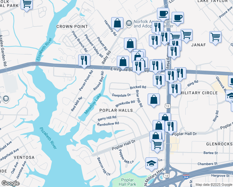 map of restaurants, bars, coffee shops, grocery stores, and more near 5536 Deepdale Drive in Norfolk