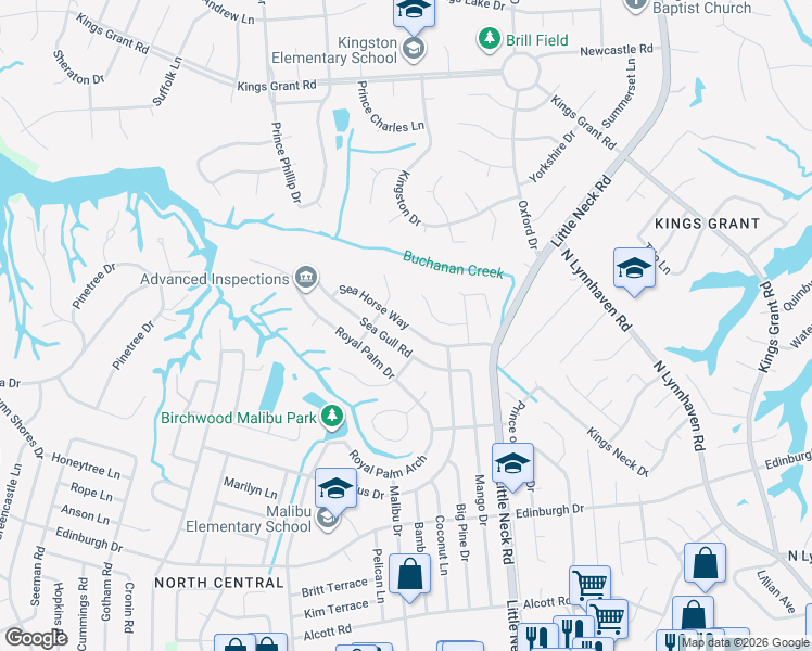 map of restaurants, bars, coffee shops, grocery stores, and more near Sea Horse Way in Virginia Beach