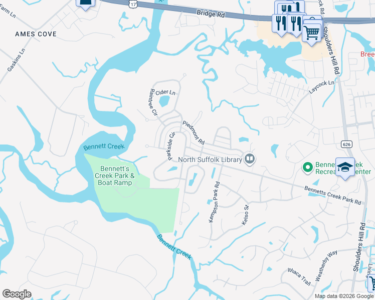 map of restaurants, bars, coffee shops, grocery stores, and more near 1475 Elderberry Road in Suffolk