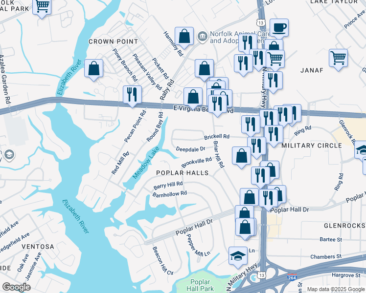 map of restaurants, bars, coffee shops, grocery stores, and more near 5536 Deepdale Drive in Norfolk