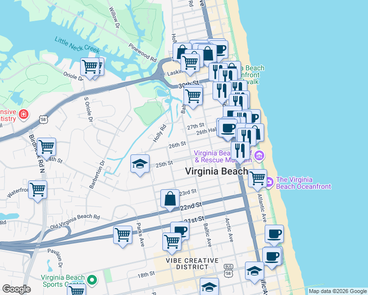 map of restaurants, bars, coffee shops, grocery stores, and more near 509 26th Street in Virginia Beach