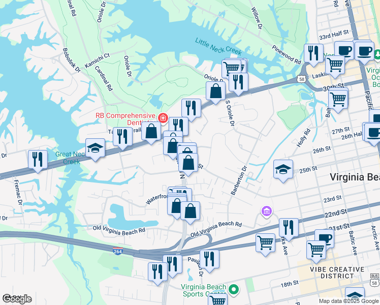 map of restaurants, bars, coffee shops, grocery stores, and more near 600 North Birdneck Road in Virginia Beach