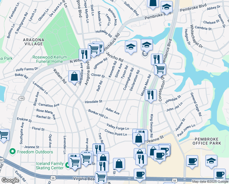 map of restaurants, bars, coffee shops, grocery stores, and more near 625 Sirine Avenue in Virginia Beach