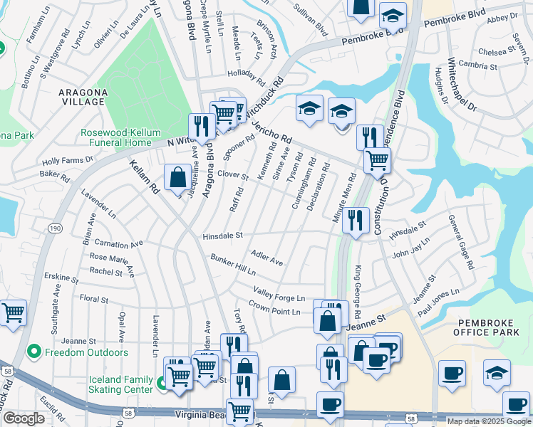 map of restaurants, bars, coffee shops, grocery stores, and more near 625 Sirine Avenue in Virginia Beach