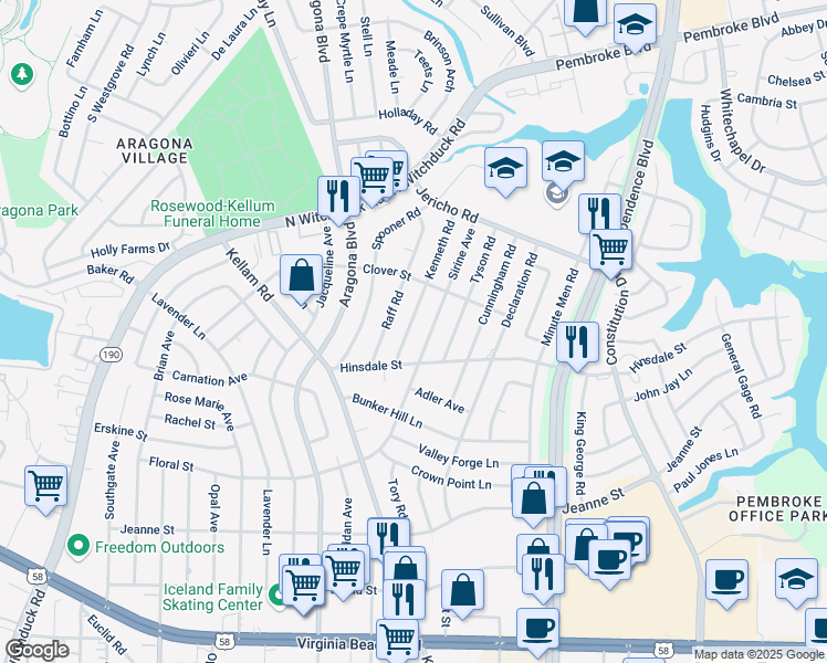 map of restaurants, bars, coffee shops, grocery stores, and more near 625 Sirine Avenue in Virginia Beach