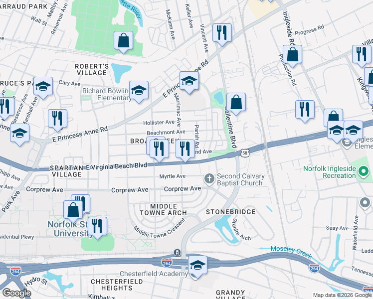 map of restaurants, bars, coffee shops, grocery stores, and more near 2907 Mapleton Avenue in Norfolk