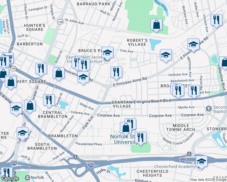map of restaurants, bars, coffee shops, grocery stores, and more near 1110 Park Avenue in Norfolk