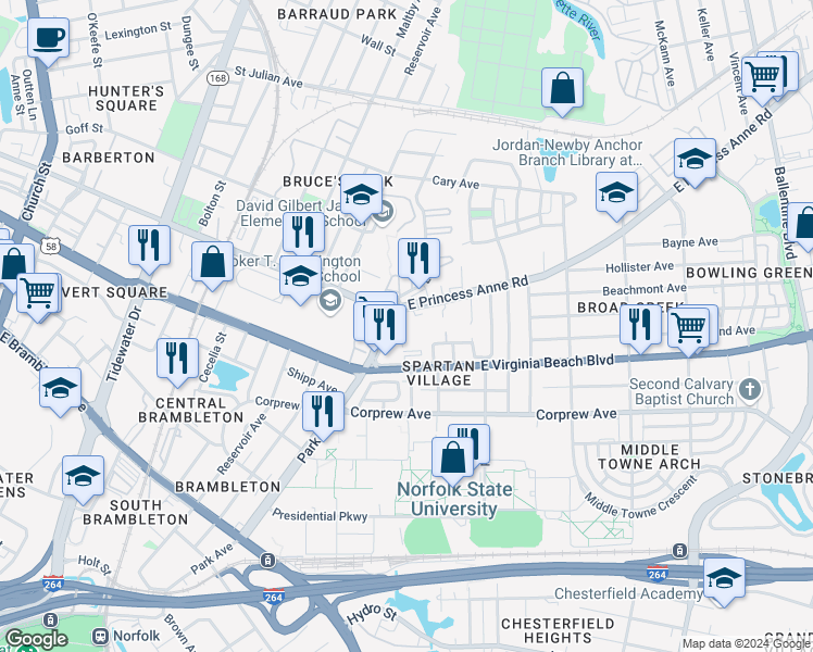 map of restaurants, bars, coffee shops, grocery stores, and more near 1110 Park Avenue in Norfolk