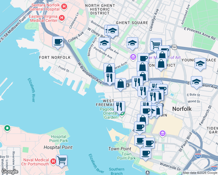 map of restaurants, bars, coffee shops, grocery stores, and more near 351 West York Street in Norfolk