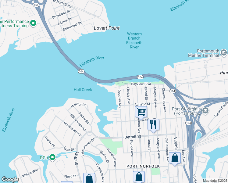 map of restaurants, bars, coffee shops, grocery stores, and more near 3025 Bayview Boulevard in Portsmouth