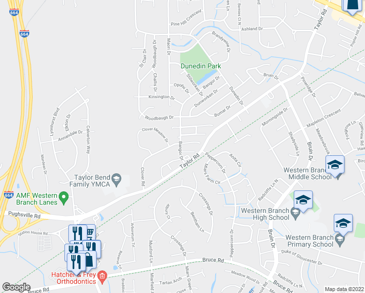 map of restaurants, bars, coffee shops, grocery stores, and more near 3241 Clover Road East in Chesapeake