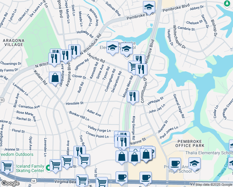 map of restaurants, bars, coffee shops, grocery stores, and more near 601 Breeds Hill Road in Virginia Beach