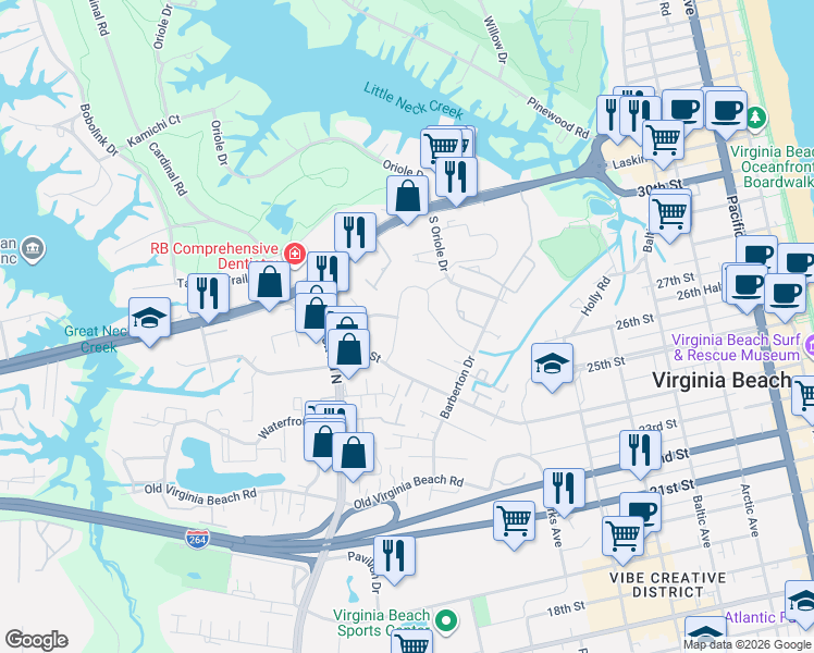 map of restaurants, bars, coffee shops, grocery stores, and more near 600 Piney Branch Drive in Virginia Beach