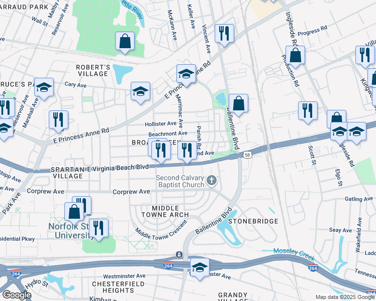 map of restaurants, bars, coffee shops, grocery stores, and more near 2910 Woodland Avenue in Norfolk